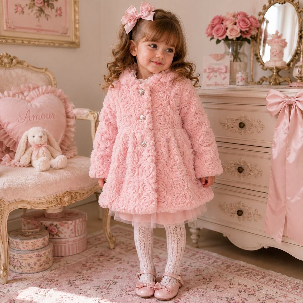 Blueberi Boulevard Pink Rosette Faux Fur Girls Coat 4T Coquette Princess 3D